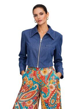 Denim Chambray Crop Jacket M Blue Zip Front Business Blazer Office Classic Boho